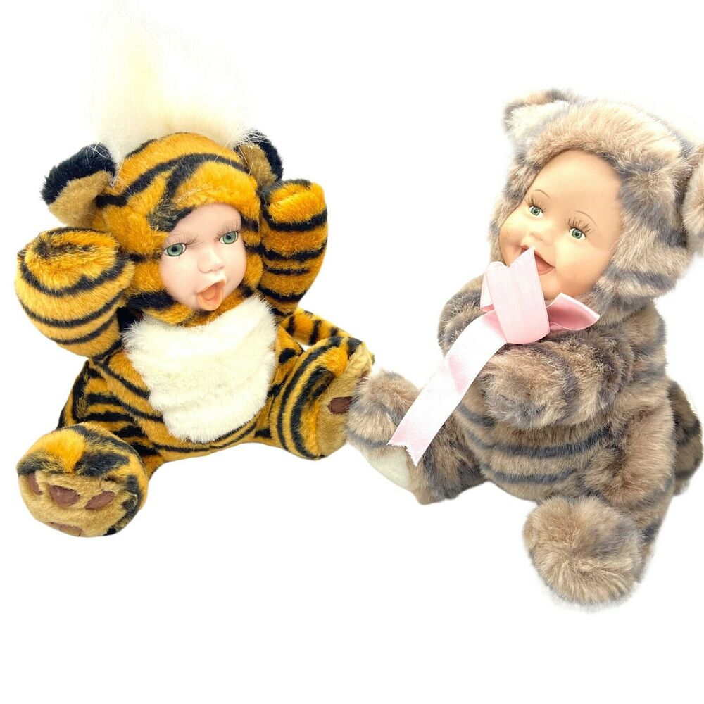 Cuddle Kids Set of Two Tiger Striped Porcelain Face Plush Stuffed Animal Toy 9"
